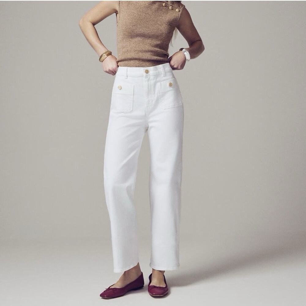 J Crew Sailor Slim Wide Leg Jeans Womens 32 White High Rise Stretch Ankle 35x26